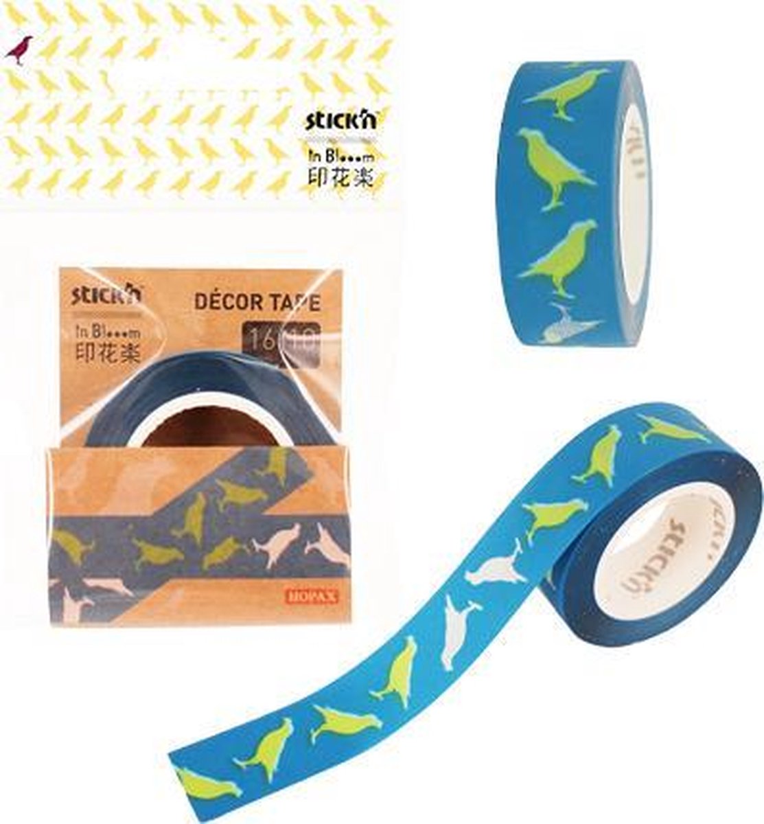 Decoratie papieren tape Stickn - Vogel patroon - 16mm breed - 10 meter rol - Niet permanent